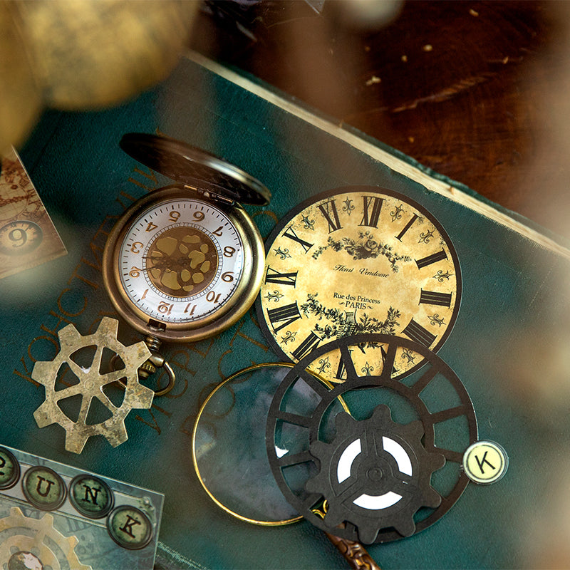 Close up view emphasizing the thick non-adhesive cardstock quality of antique pocket watch designs
