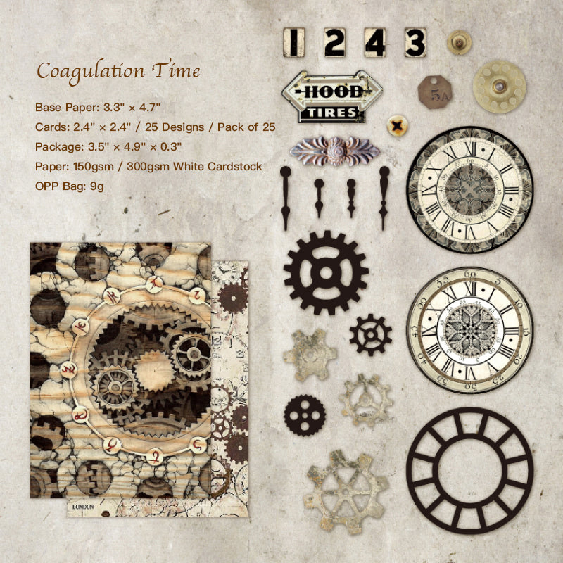 Coagulation time steampunk sticker set featuring black and white industrial gears and mechanical elements