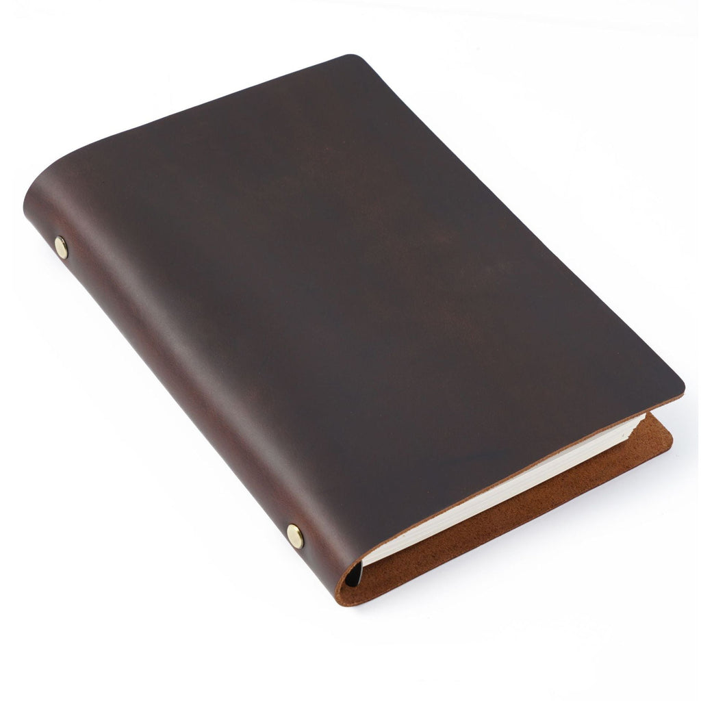Coffee-colored crazy horse leather A5 notebook with brass ring binder and soft waxed finish.