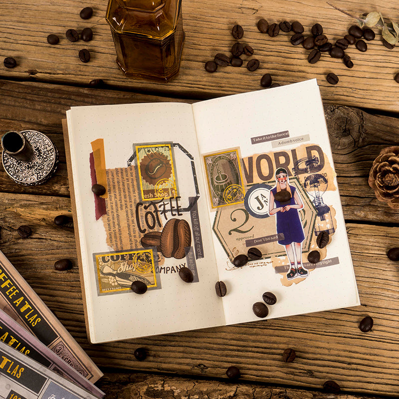 Coffee illustrated washi paper stickers with premium quality and gold stamping for scrapbooking

