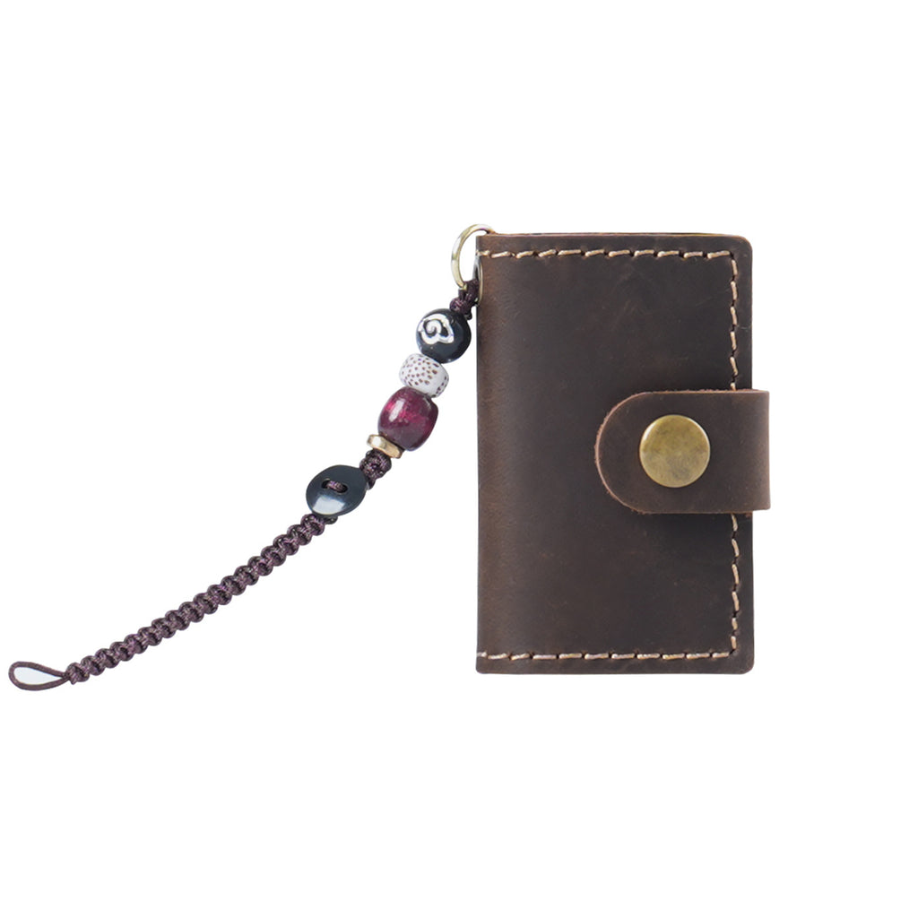 Coffee mini crazy horse leather journal charm with bead cord