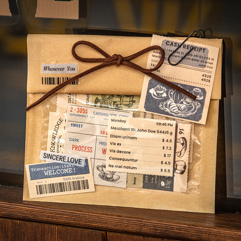 Vintage coffee notepads and strips used as gift wrapping embellishments tied with twine, showing receipt style prints, barcode labels, and coffee cup illustrations on kraft paper