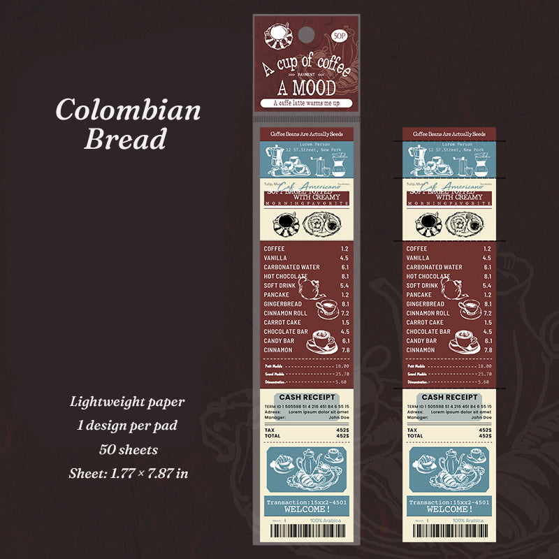 Colombian Bread coffee theme tear-off notepad design showing red vintage cafe menu and cash receipt prints on 1.77 x 7.87 inch lightweight paper strip, 50 sheets per pad