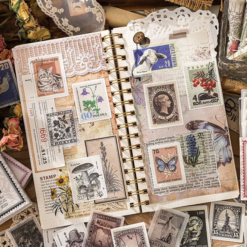 60pc vintage postage sticker collection with classic postal stamps and postmarks in curated colors