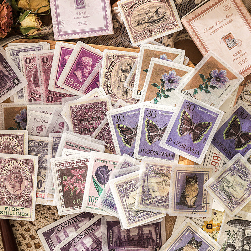 Vintage postage stickers 60 piece set with 3 curated color themes in Morandi tones for journaling
