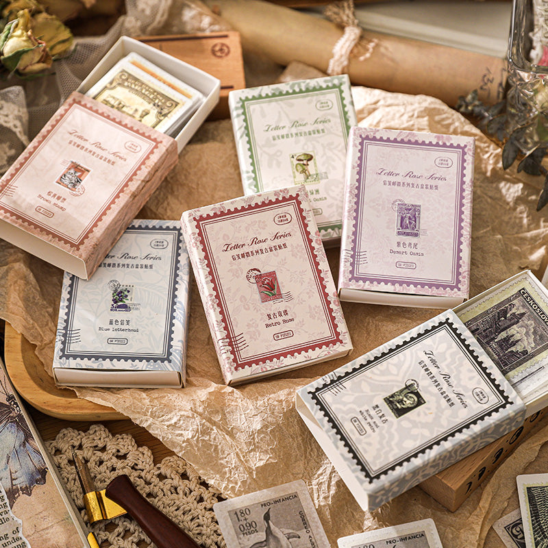 Elegant vintage postage ephemera sticker set featuring retro stamps for scrapbooking and letters