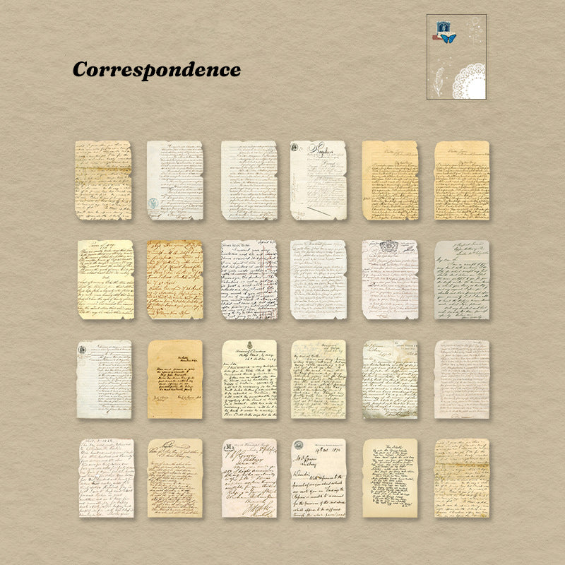 	24 aged handwritten letter ephemera papers in vintage script on yellowed paper, plus a PVC sticker preview