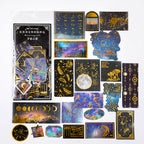 Cosmic Night gold foil washi sticker - celestial vintage design with stars and moon