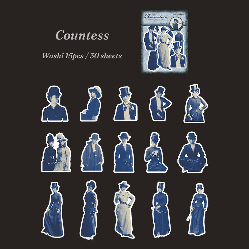 Blue-toned aristocratic figure stickers with die-cut edges on dark background, featuring men and women in formal hats and suits.