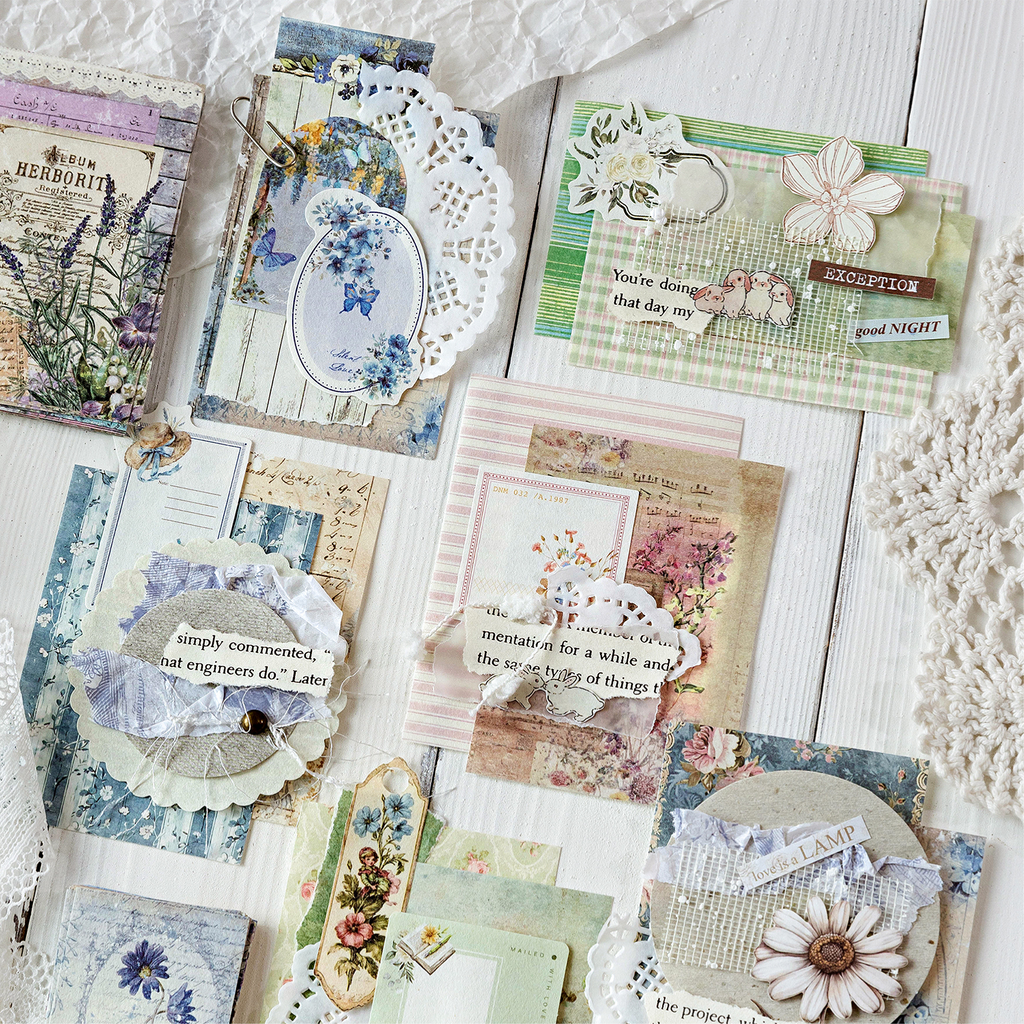 Vintage paper pack with postal stamps and farm motifs - 4 designs