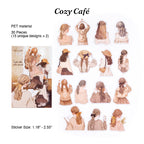 Variant image of the Cozy Café aesthetic transparent PET girl stickers, marked with number 4. The packaging has a warm brown watercolor art theme of autumn clothes. Inside are die-cut silhouette stickers of girls, perfect for cozy, warm-toned vintage scrapbooking and bullet journaling on a rustic wooden desk with leaves.