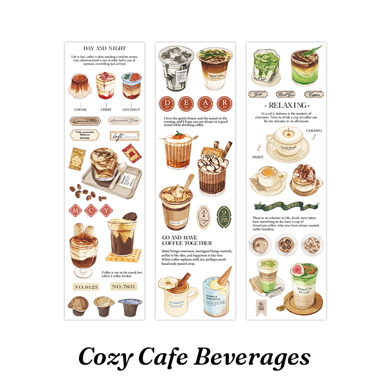 Cozy cafe beverages aesthetic journal stickers