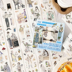 Variant image for the Cozy Café aesthetic character die-cut washi tape set. Features 6 rolls of wide tape displaying girls baking, coffee shop scenes, and relaxing everyday lifestyle illustrations.