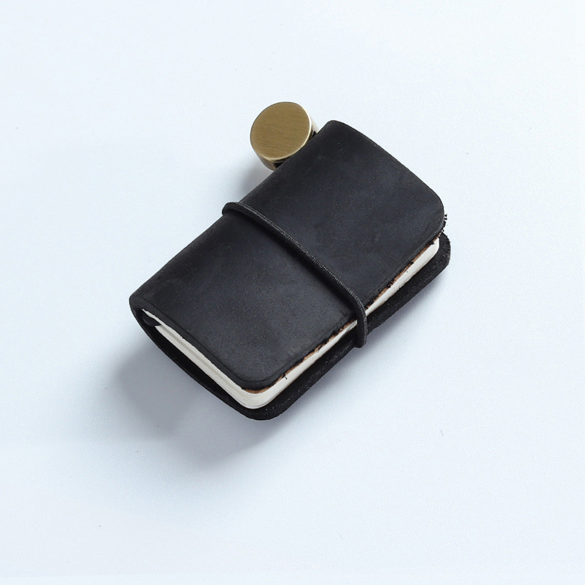 Black crazy horse leather mini traveler's notebook charm with elastic band and vintage metal clasp