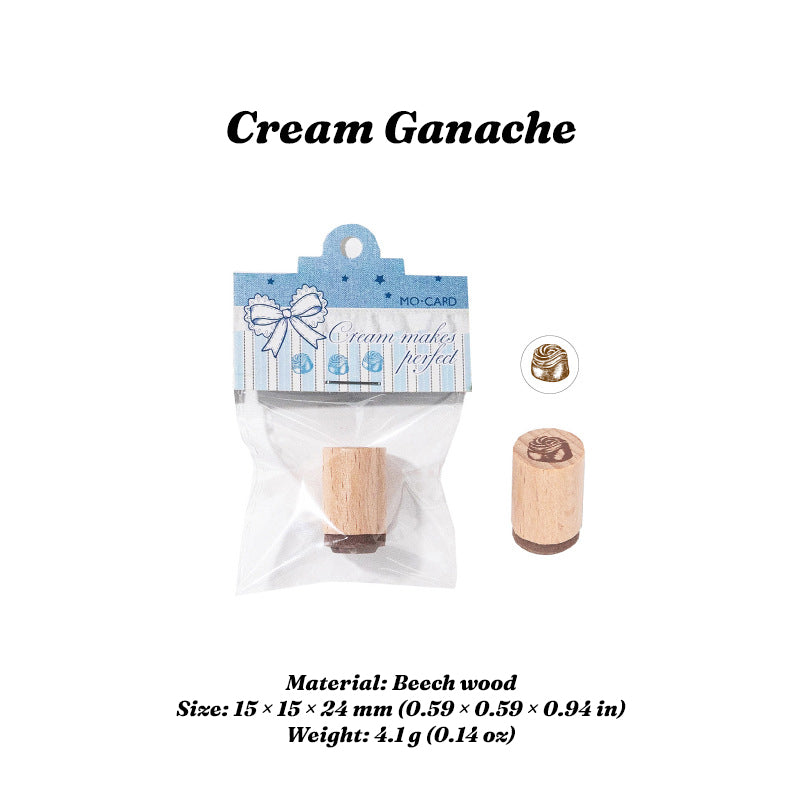 Cream Ganache stamp with beech wood handle and product packaging