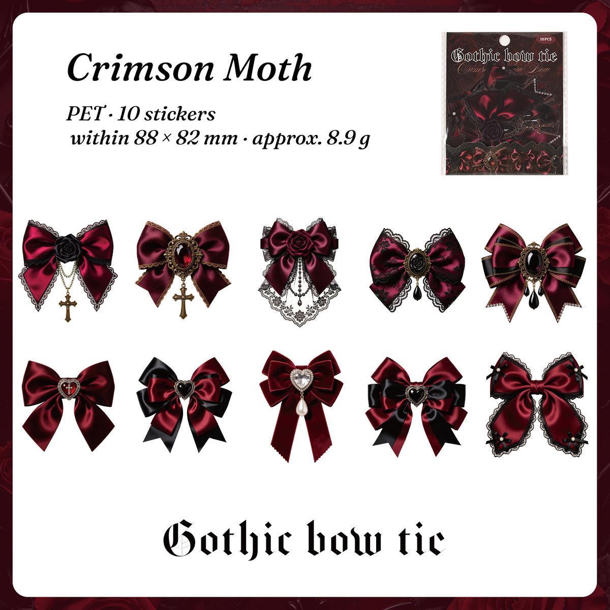Gothic bow stickers style 2 — crimson velvet bows with brooches, 10 pieces