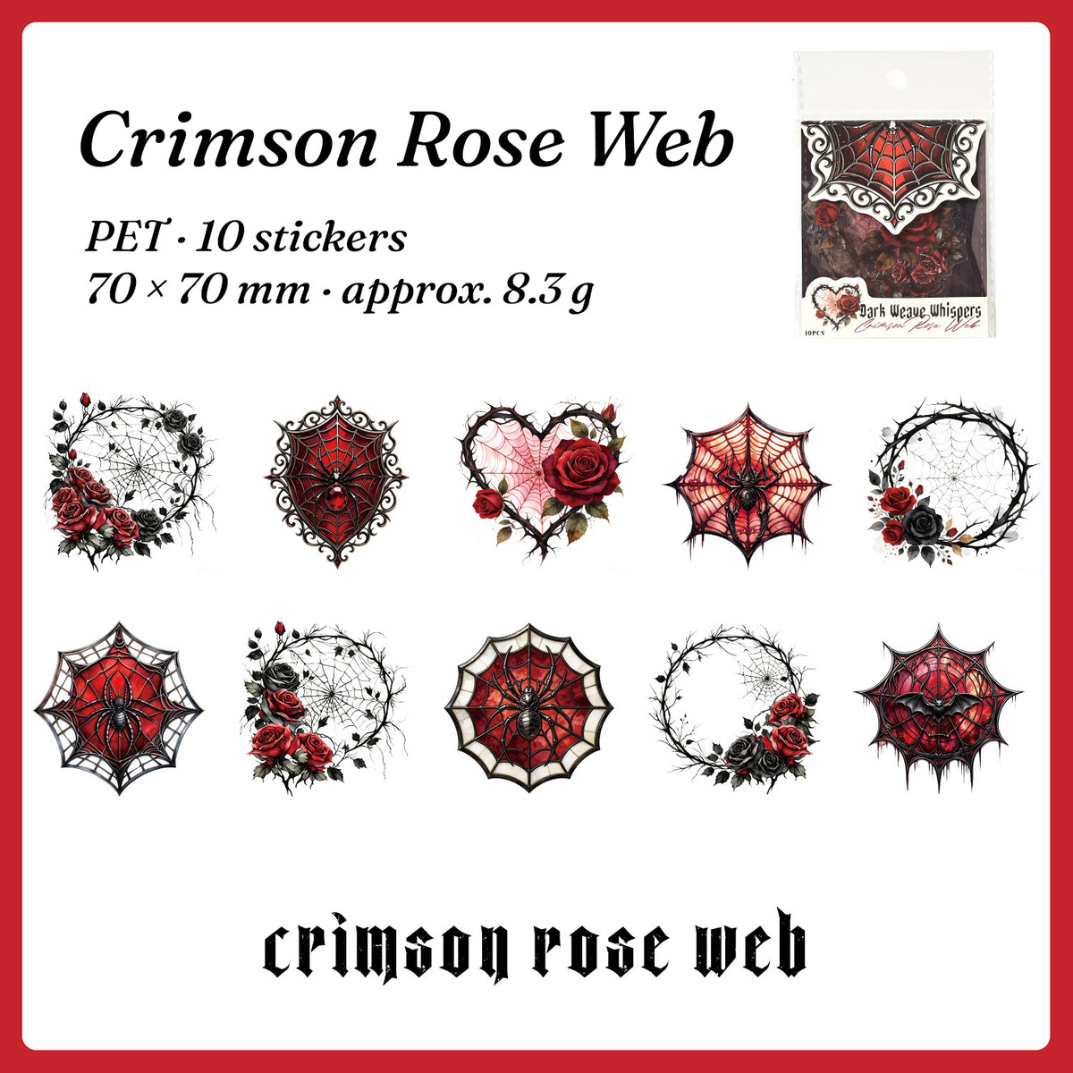 Crimson Rose Web stickers — red roses caught in spider webs, 10 pieces
