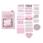 Variant image for the Crimson Love Letter vintage fabric sticker pack. Shows 50 pink and burgundy red faux-cloth stickers with delicate patterns, perfect for romantic Cottagecore journaling.
