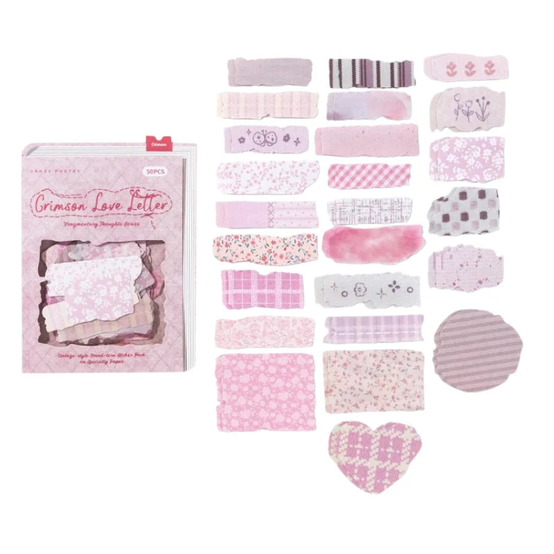Variant image for the Crimson Love Letter vintage fabric sticker pack. Shows 50 pink and burgundy red faux-cloth stickers with delicate patterns, perfect for romantic Cottagecore journaling.