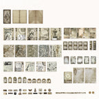 Variant image for the Curiosity Cabinet style of the 153-piece vintage junk journal kit. Displays a detailed layout of the hardcover notebook, antique ephemera, and aesthetic stickers included in this specific set.
