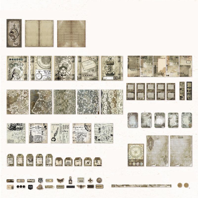 Variant image for the Curiosity Cabinet style of the 153-piece vintage junk journal kit. Displays a detailed layout of the hardcover notebook, antique ephemera, and aesthetic stickers included in this specific set.