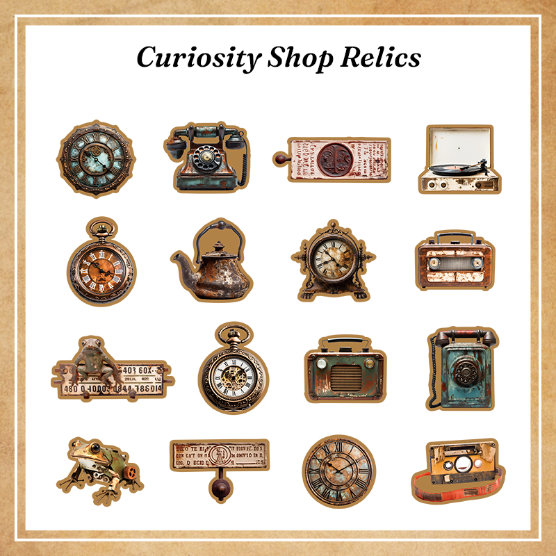 Antique objects stickers featuring typewriter camera and gramophone
