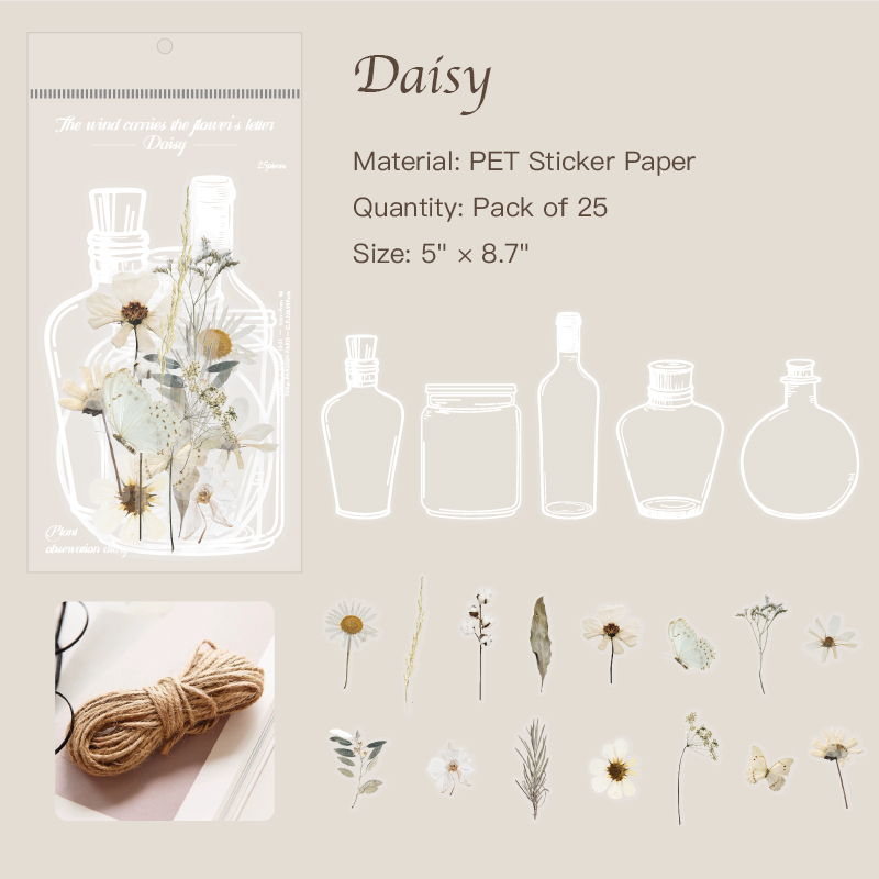 Daisy letter PET stickers featuring cheerful daisy designs for spring themed journaling
