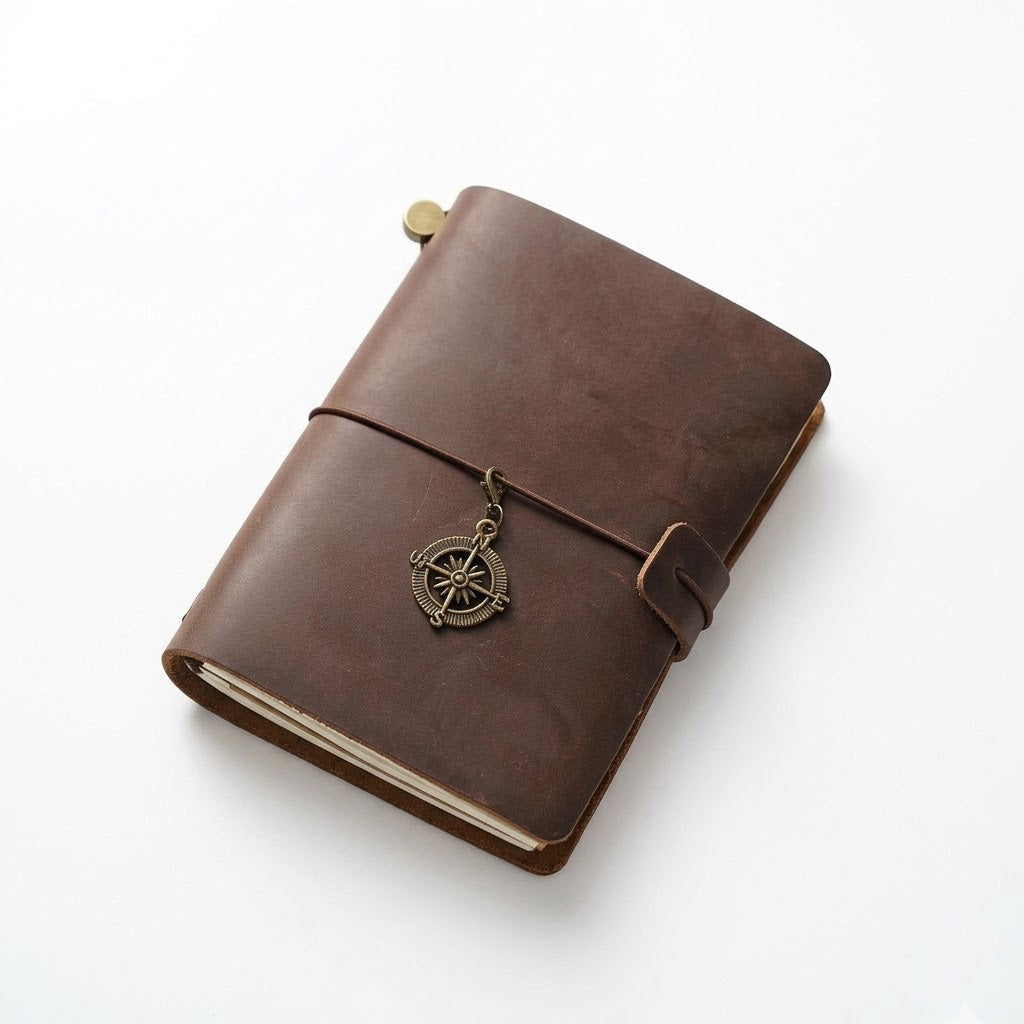 Dark Espresso dark academia aesthetic leather notebook, a compact passport size refillable travel journal for writers.