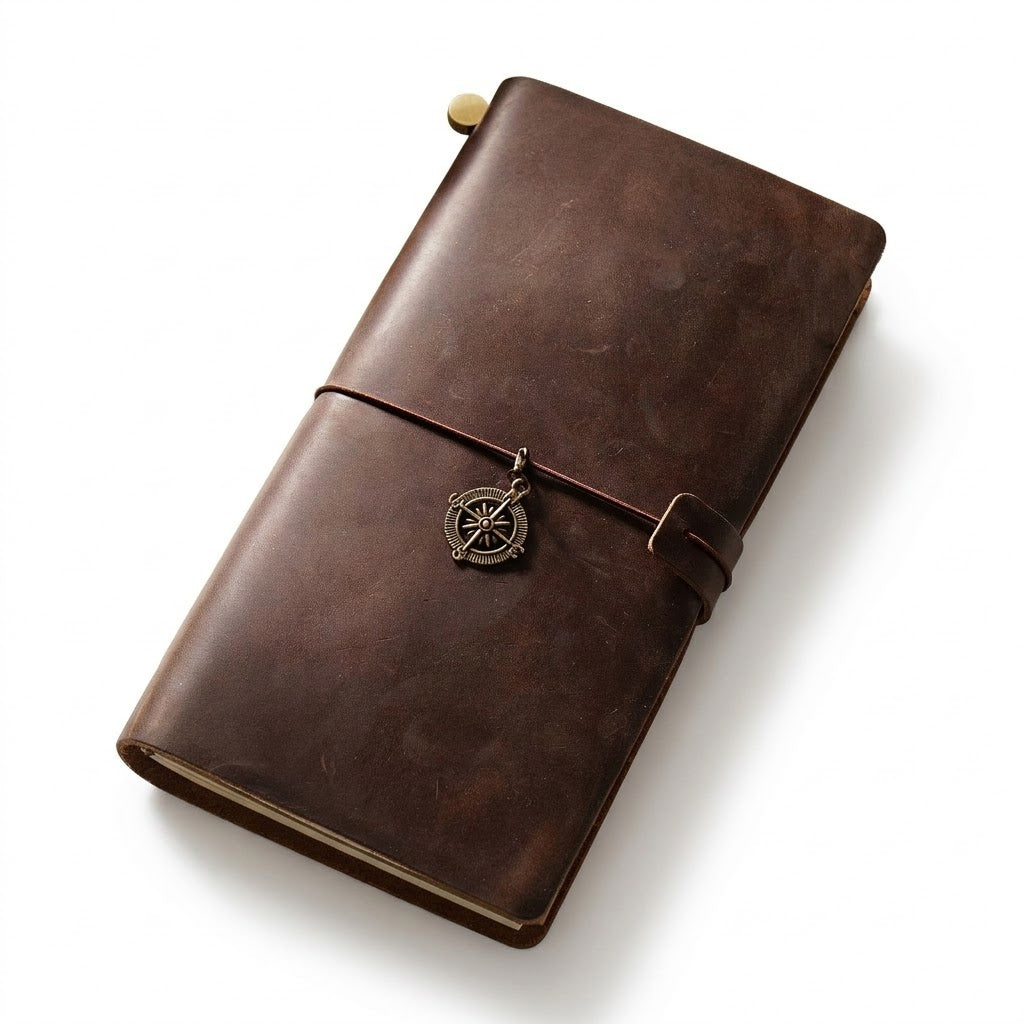 Dark Espresso regular size refillable leather notebook featuring a vintage nautical compass charm for exploring.