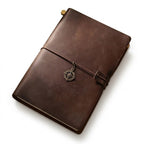 Dark Espresso large refillable bullet journal cover in authentic crazy horse leather, adorned with a vintage compass metal pendant.