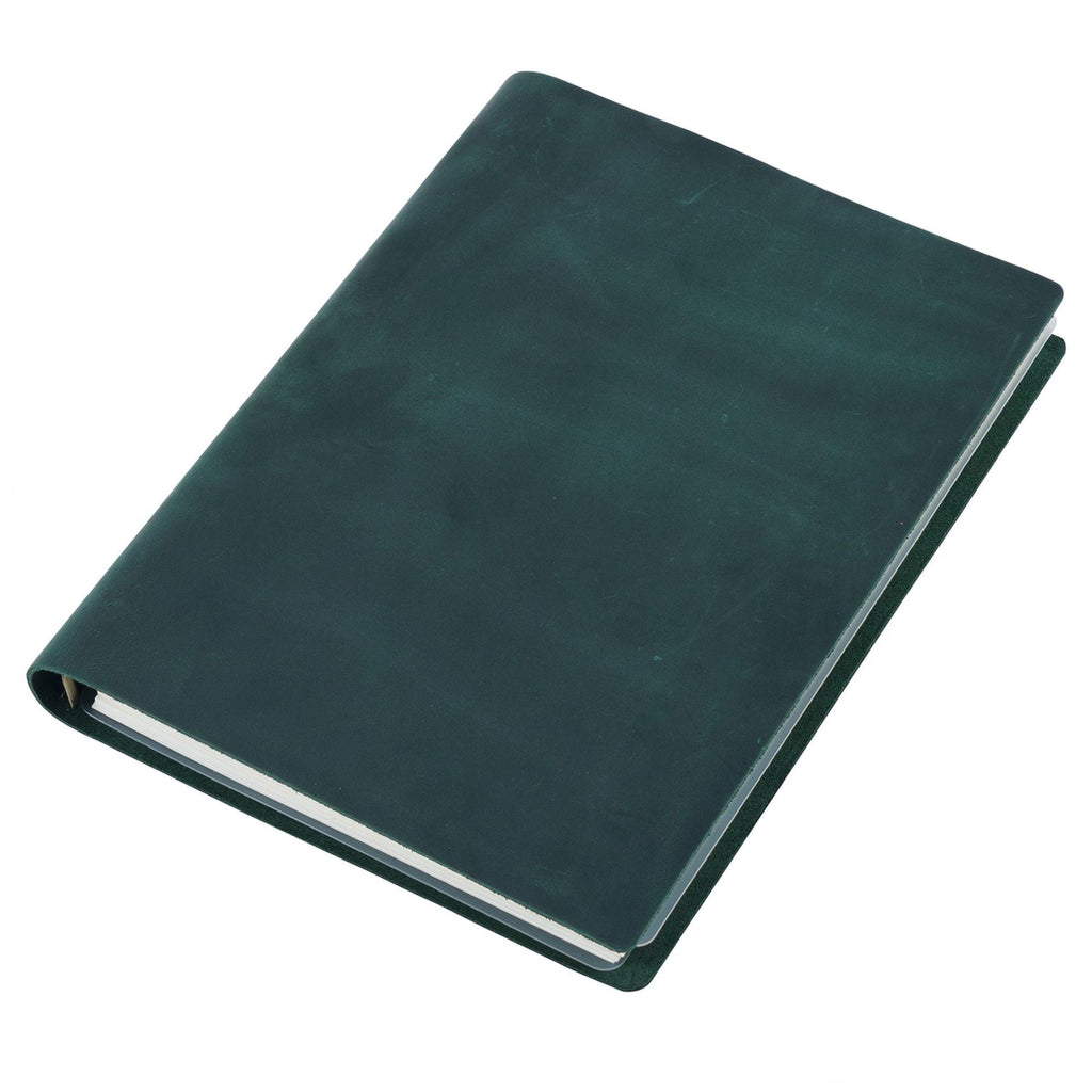 Dark green B5 leather ring binder journal on white background