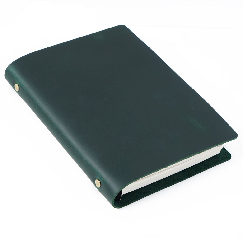 Dark green crazy horse leather A5 notebook with brass ring binder and vintage patina cover.