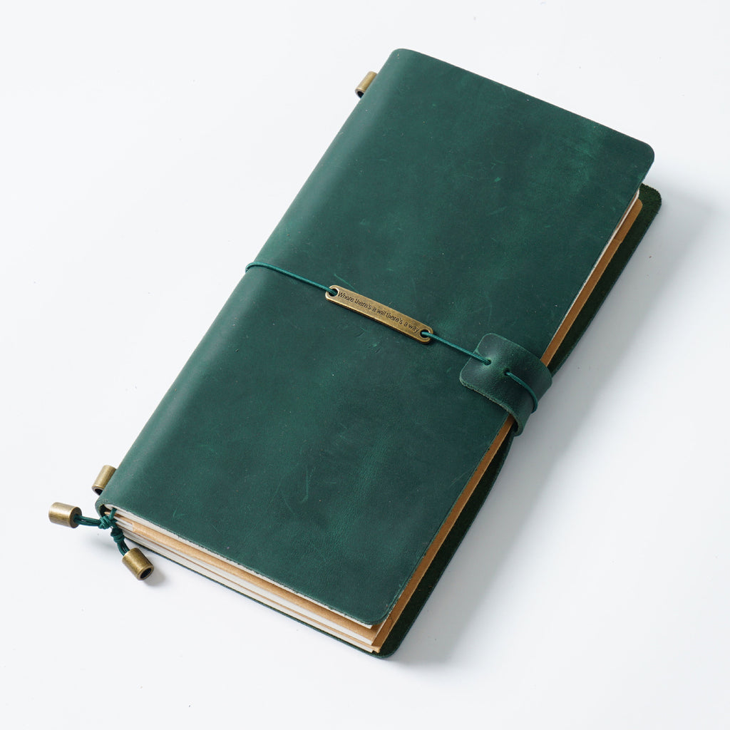 Dark green crazy horse leather traveler's notebook, front view