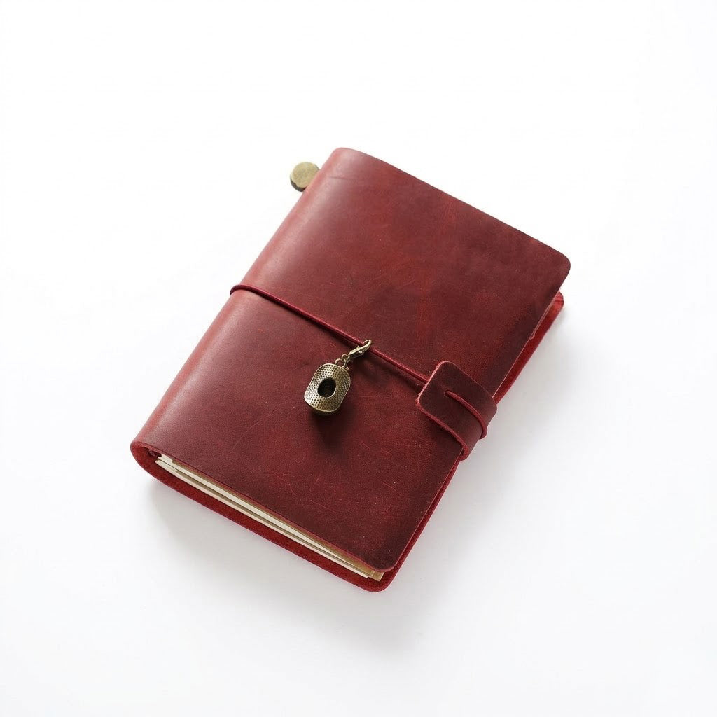 Deep Burgundy vintage traveler's notebook, a complete passport size refillable leather diary kit for journaling on the go.