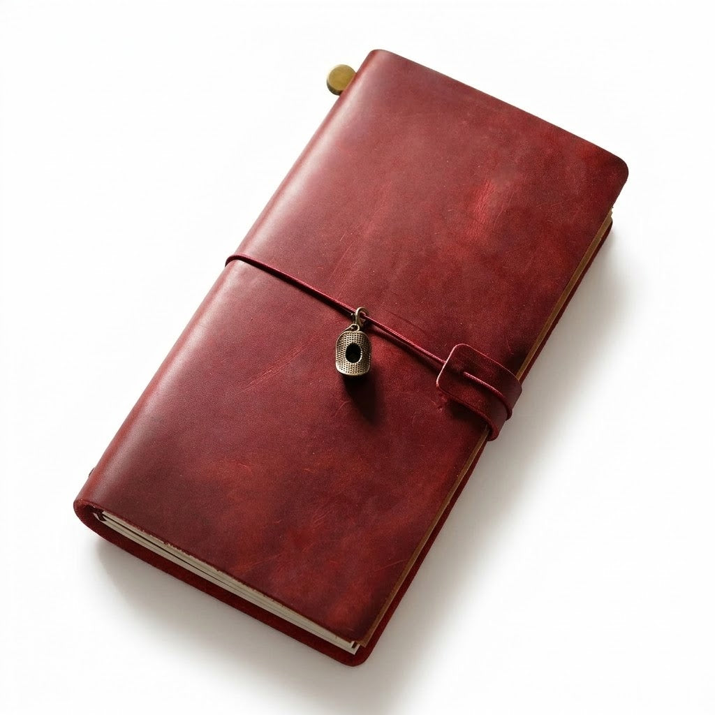Deep Burgundy dark academia standard traveler's notebook featuring a unique vintage hat metal charm.