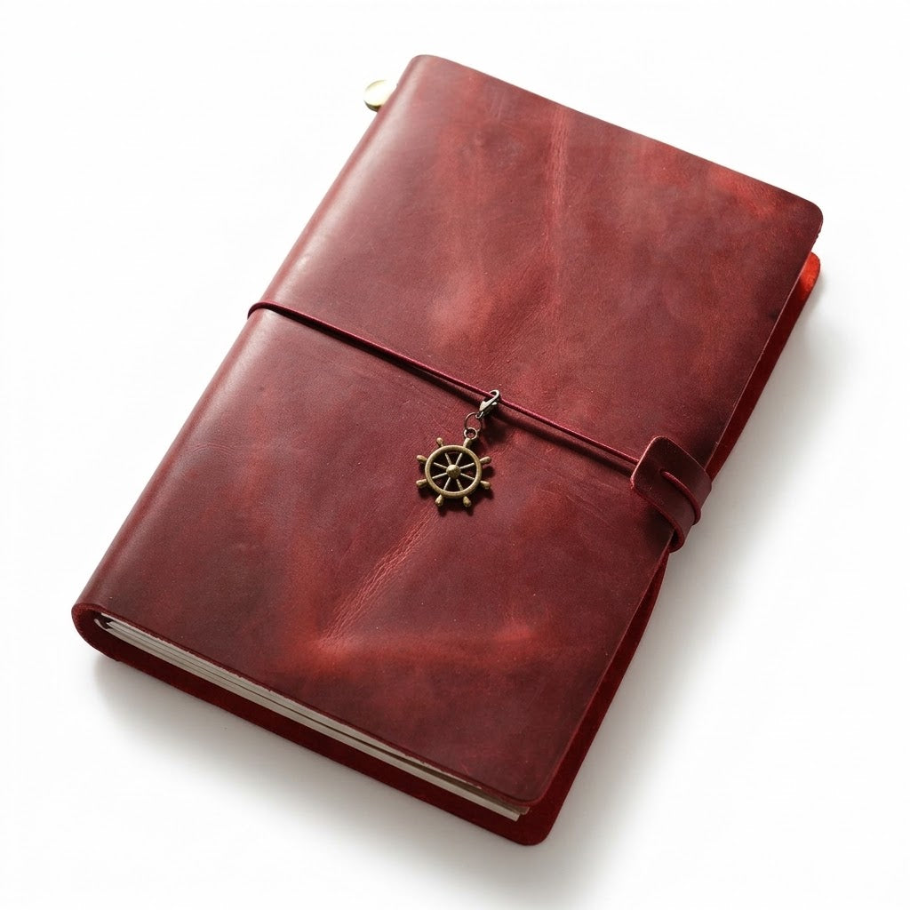 Deep Burgundy dark academia A5 leather diary with a retro binoculars charm, an elegant large notebook for personal reflections.