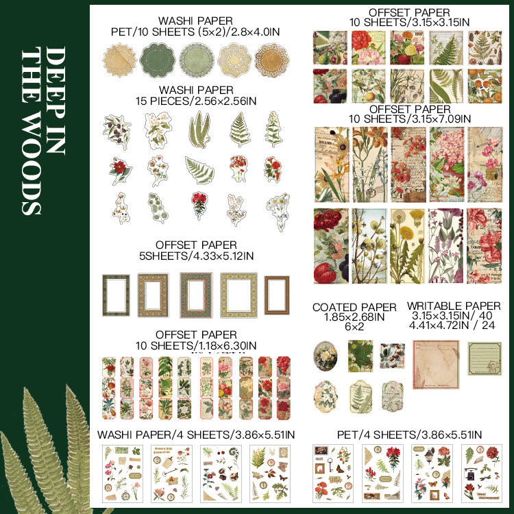 "Deep in the Woods botanical paper - forest flora and fauna illustrations"
