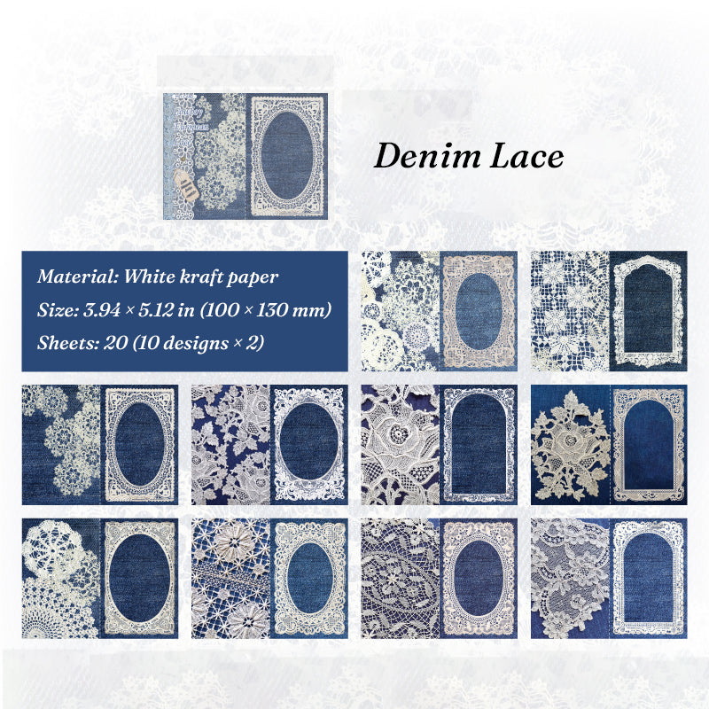 Vintage blue denim lace memo pad with white crochet borders and oval frames for bullet journaling