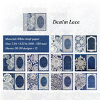 Vintage blue denim lace memo pad with white crochet borders and oval frames for bullet journaling