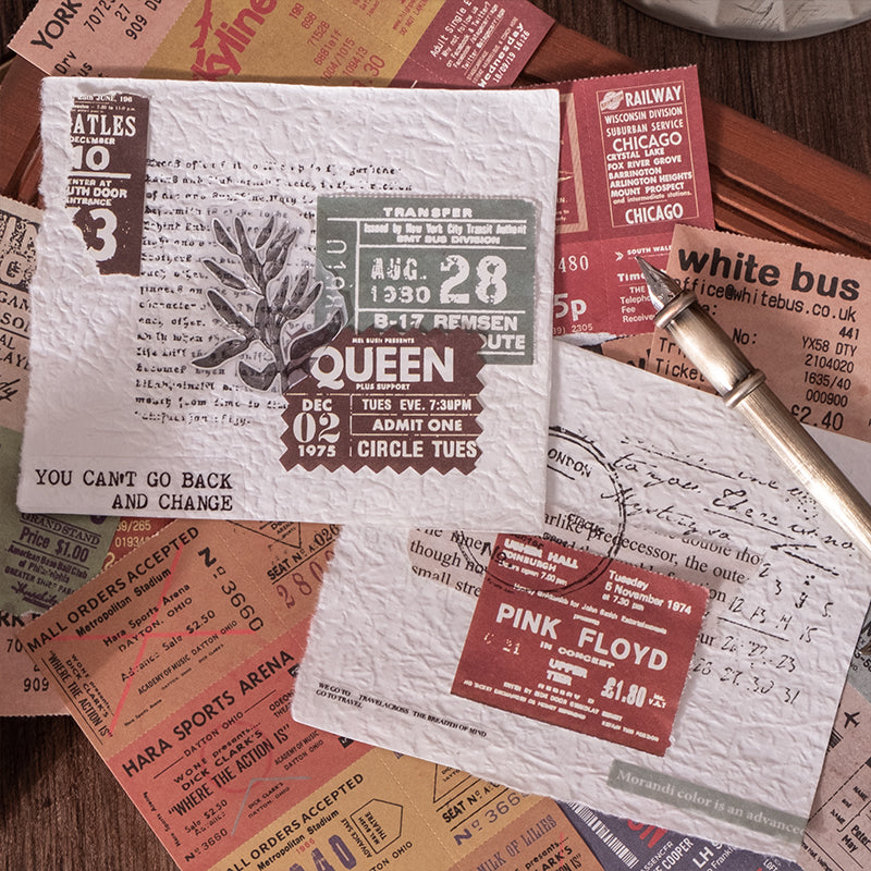 Vintage train ticket stickers color palette featuring retro receipt and boarding pass designs
