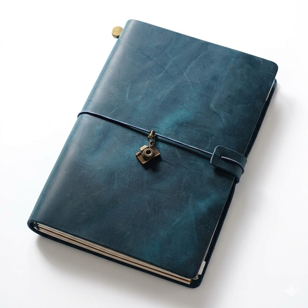 Distressed Indigo blue rustic leather A5 planner secured with an engraved vintage heart charm.
