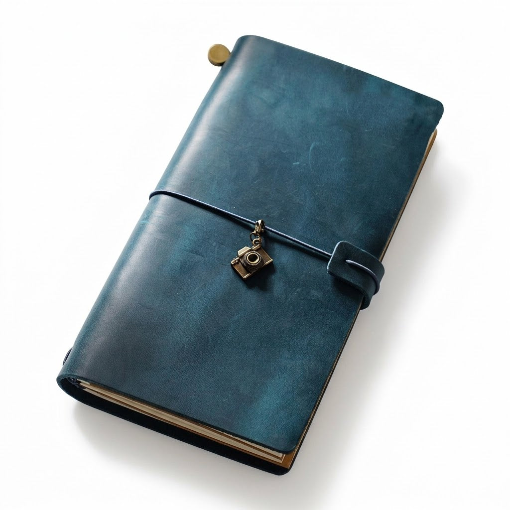 Distressed Indigo blue regular size traveler's notebook featuring a vintage camera metal charm, perfect for travel photographers.
