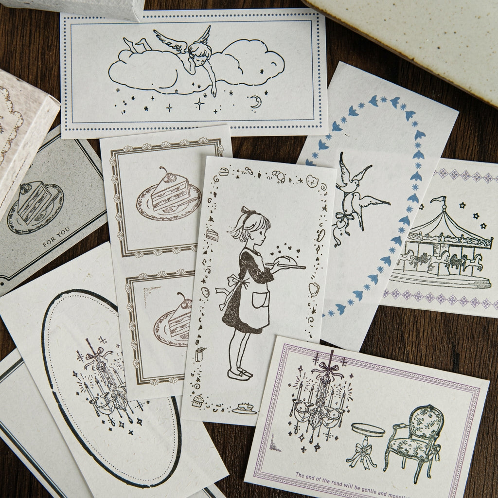 Stamped impression cards with baking girl and ballet motifs scattered on white paper