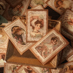 Dream girl sticker box with victorian girl portrait cards in warm candlelight tones