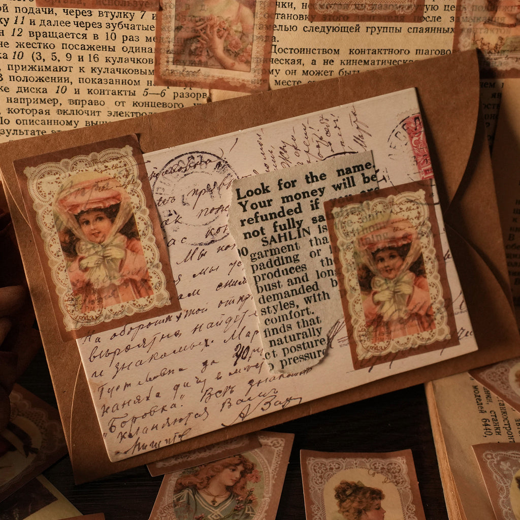 Dream girl portrait stickers layered in vintage journal spread with script paper collage