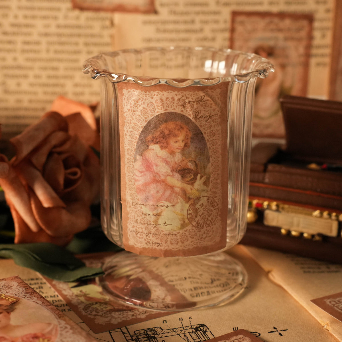 Victorian portrait sticker on glass bottle vintage aesthetic decoration example