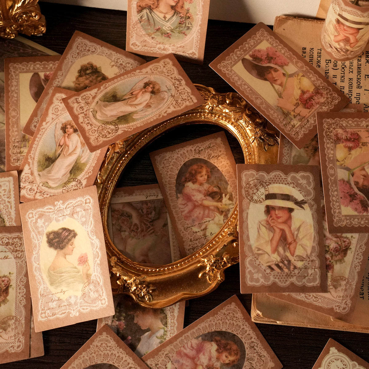Dream girl portrait sticker cards in gold mirror tray romantic vintage styling