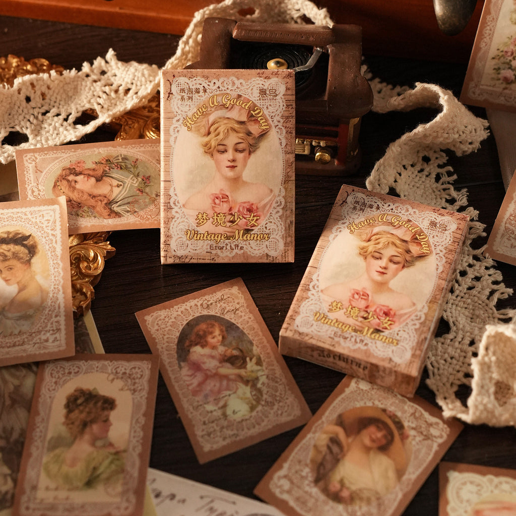 Dream girl victorian portrait stickers scattered on lace cloth boxed set of 30 washi paper cards