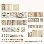 Variant image for the Dusk & Rain style of the 153-piece vintage junk journal kit. Displays a detailed layout of the hardcover notebook, antique ephemera, and aesthetic stickers included in this specific set.