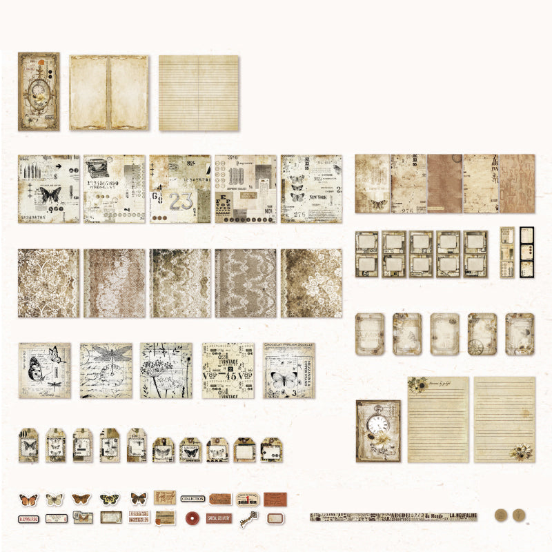 Variant image for the Dusk & Rain style of the 153-piece vintage junk journal kit. Displays a detailed layout of the hardcover notebook, antique ephemera, and aesthetic stickers included in this specific set.